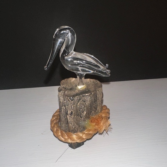 Hand Blown Glass Pelican Figurine Mounted on Wooden Base with Nautical Rope - Picture 2 of 7